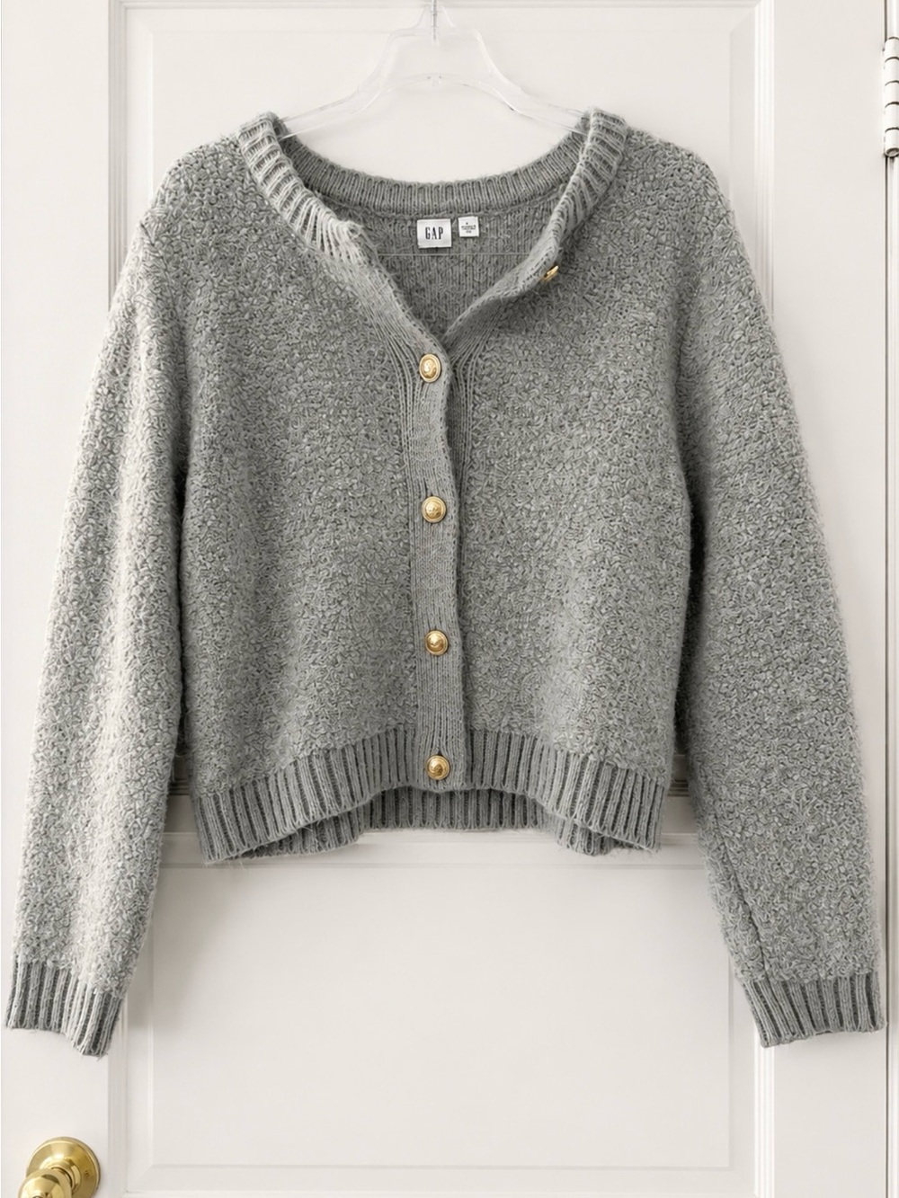 GAP Gray Bouclé Knit Cardigan with Gold Buttons Size L